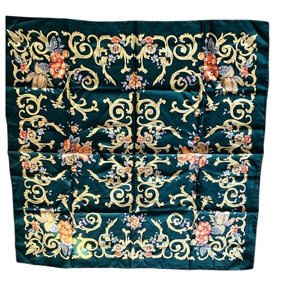 Accessories - Vintage Womens Scarf Green Gold Floral Head Neck Accessories Formal Casual